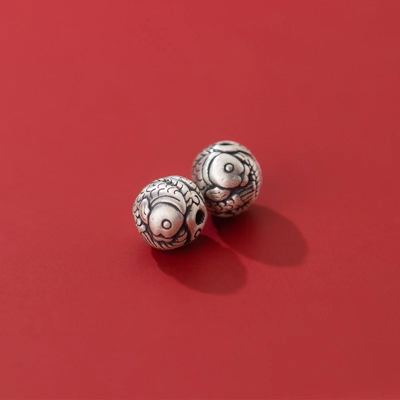 1pc 999 Pure Silver Lucky Fish Pattern Separation Round Loose Beads 10mm Craftwork 3D 999 Silver Space Charm Beads DIY Jewelry