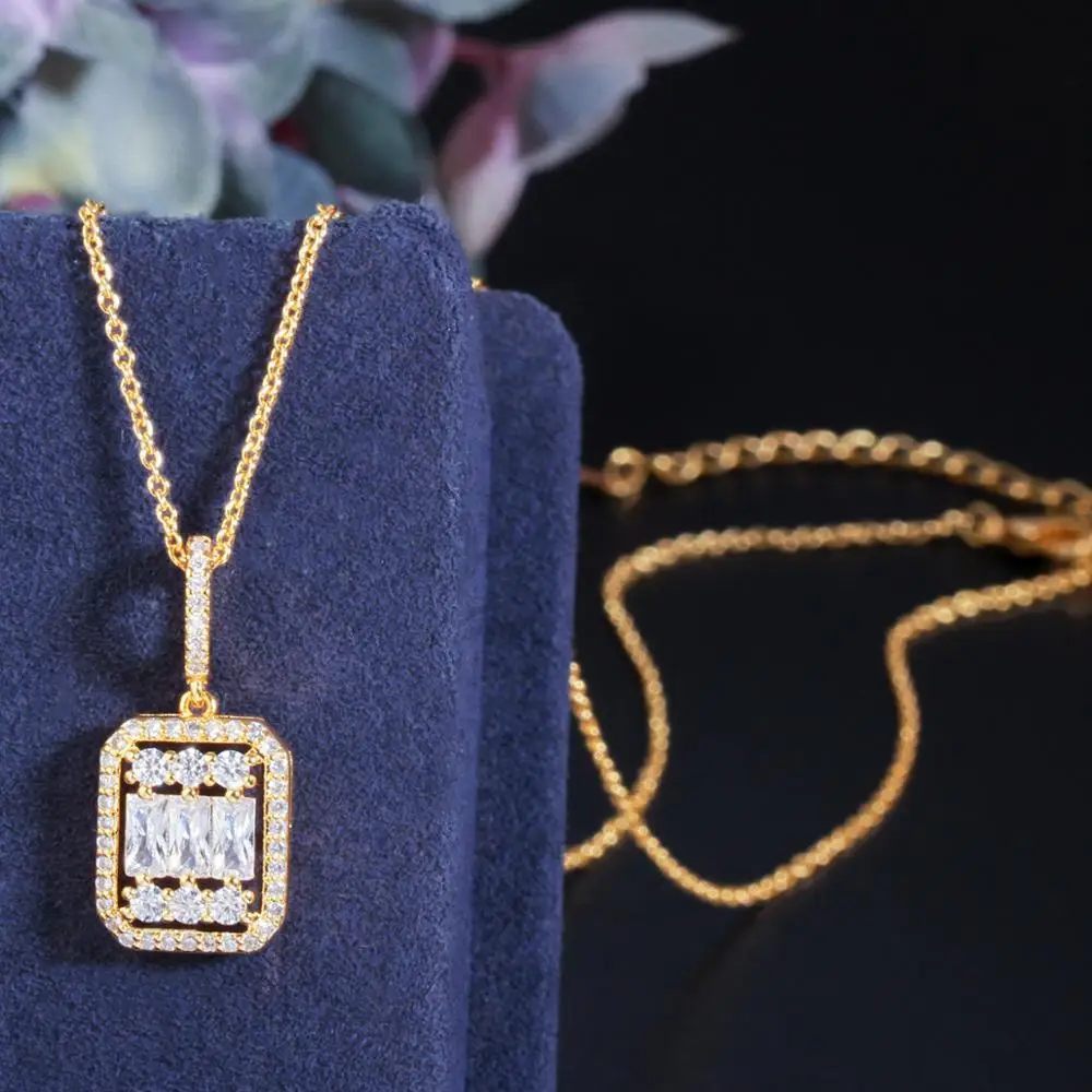BeaQueen Lovely Square Drop Earrings Pendant Necklace Baguette Cubic Zirconia Fashion Yellow Gold Color Women Jewelry Sets JS269
