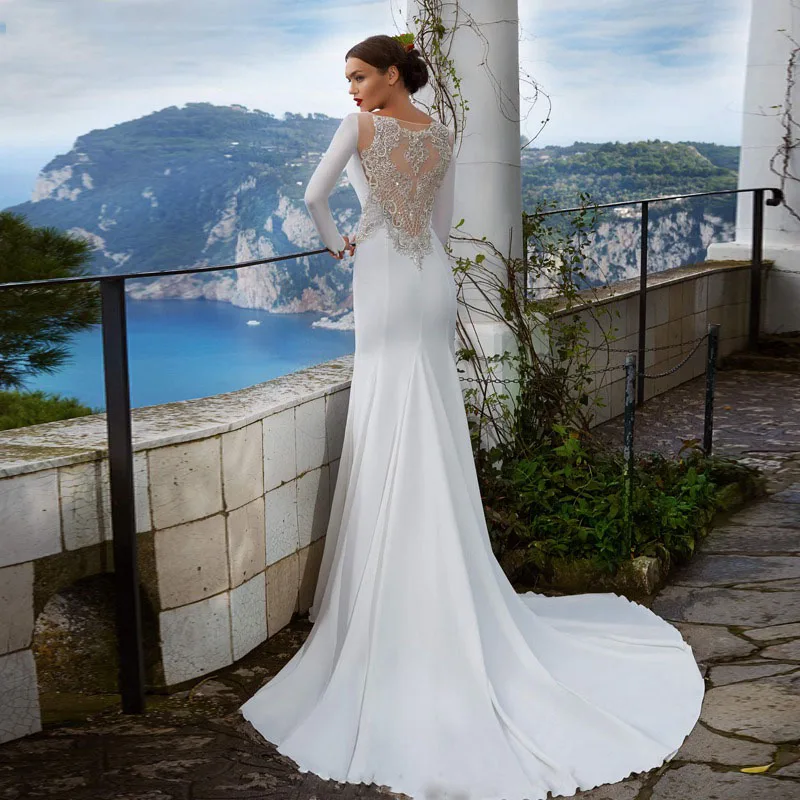 Mancha macia sereia vestido de casamento 2021 feito sob encomenda manga longa fonte fenda rendas apliques trompete branco vestido de casamento vestidos de noiva