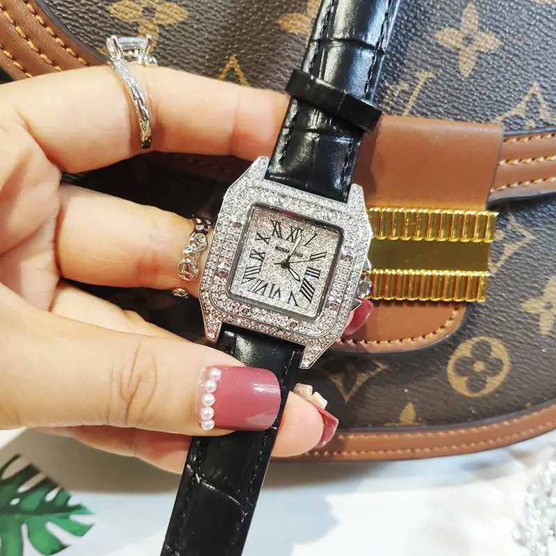 Top Brand Luxury Watch Women Quartz Waterproof Fully Diamond Ladies Watch Silver Square Couple Watches With Rhinestone