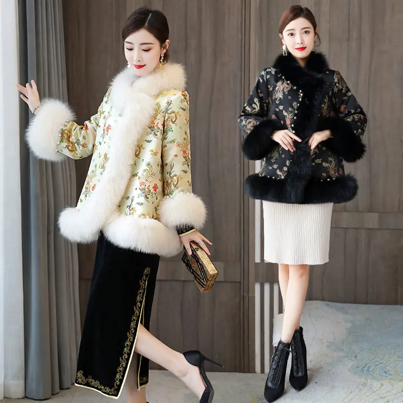 Autumn And Winter New Chinese Style Women\'s Jacket Retro Hanfu Fur Collar Modern Warmth Thick Qipao Tops Ethnic Shawl Coat M1723