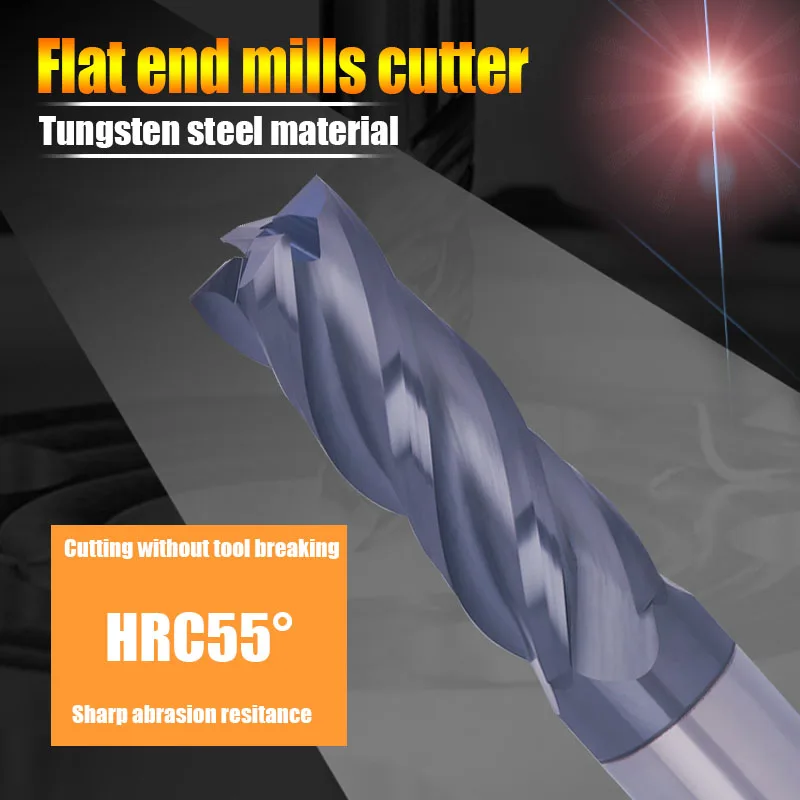 CNC tools 6mm 8mm 10mm 12mm 14mm 16mm 18mm shank hard alloy 4 flute flat end mills HRC55 carbide tungsten steel milling cutter