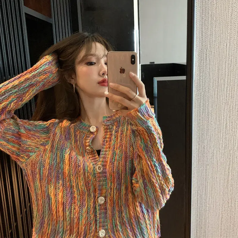 New Brand Original Design 2021 Rainbow Sweater Cardigan Jacket Short Top Loose Slouchy Sweater Over The Cape Top