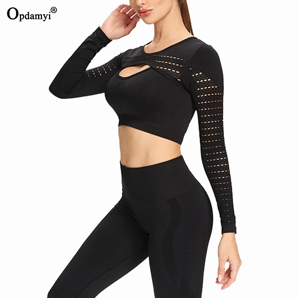 

Women's Workout Outfit 2 Pieces Seamless Yoga Sets High Waist Leggings Long Sleeve Crop Top Gym Clothes Set Fitness Activewear