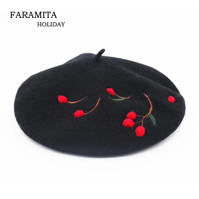 

Faramita Holiday Women Kids Girls Berry 3D French Berets 100% Wool Handmade Beret Hats Black 2021 Autumn Headwear Painter Hat