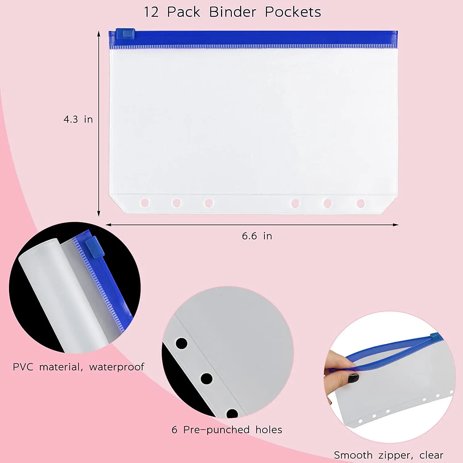A6 Soft PVC Notebook Binder Cover Planner Protector with 12 Zipper Pockets Folders/Index Label Sticker for Cash Budget Envelope