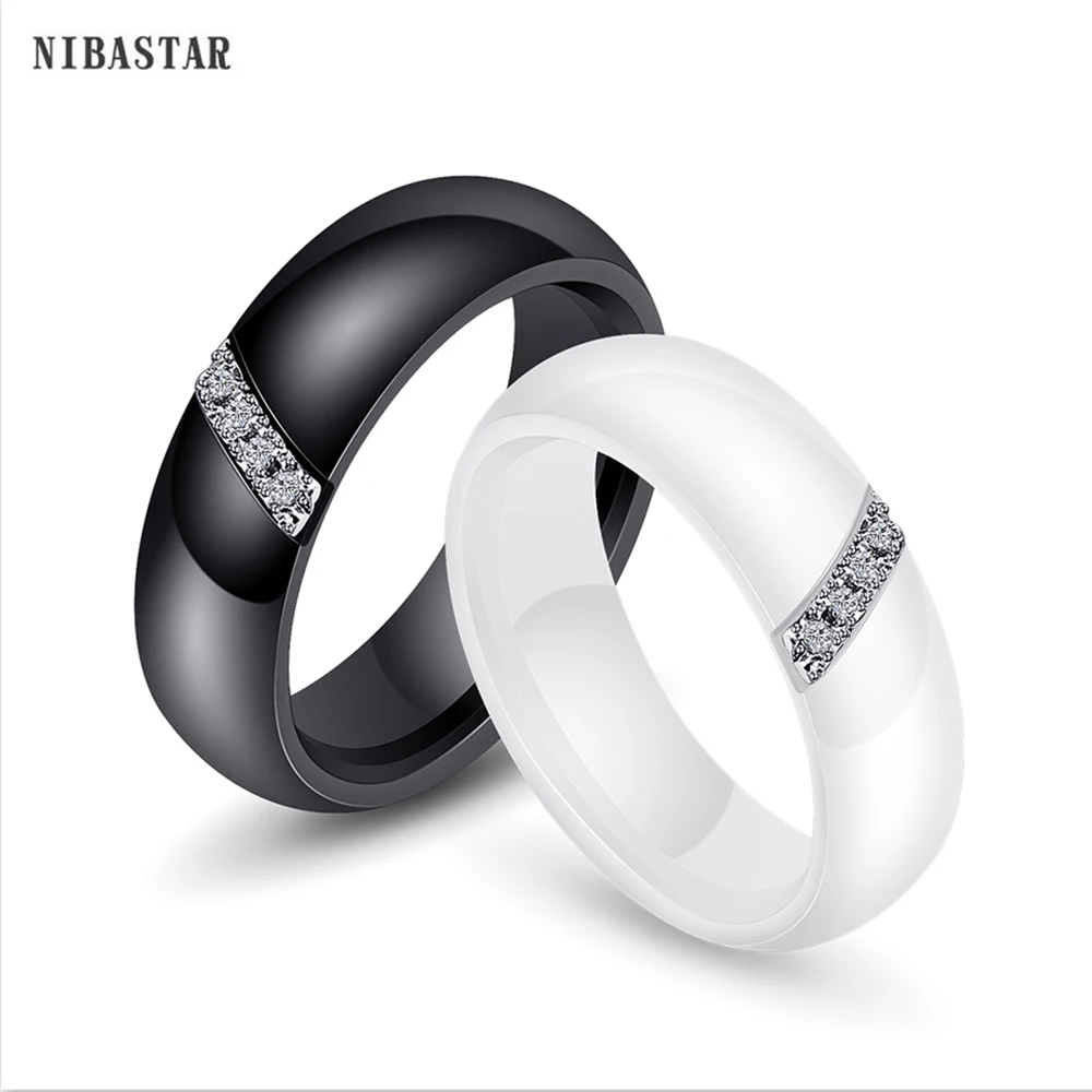 NIBASTAR Fashion 6mm Black White Ceramic Ring For Women Inlaid  Stone Crystal Comfort Wedding Rings Engagement Brand Jewelry