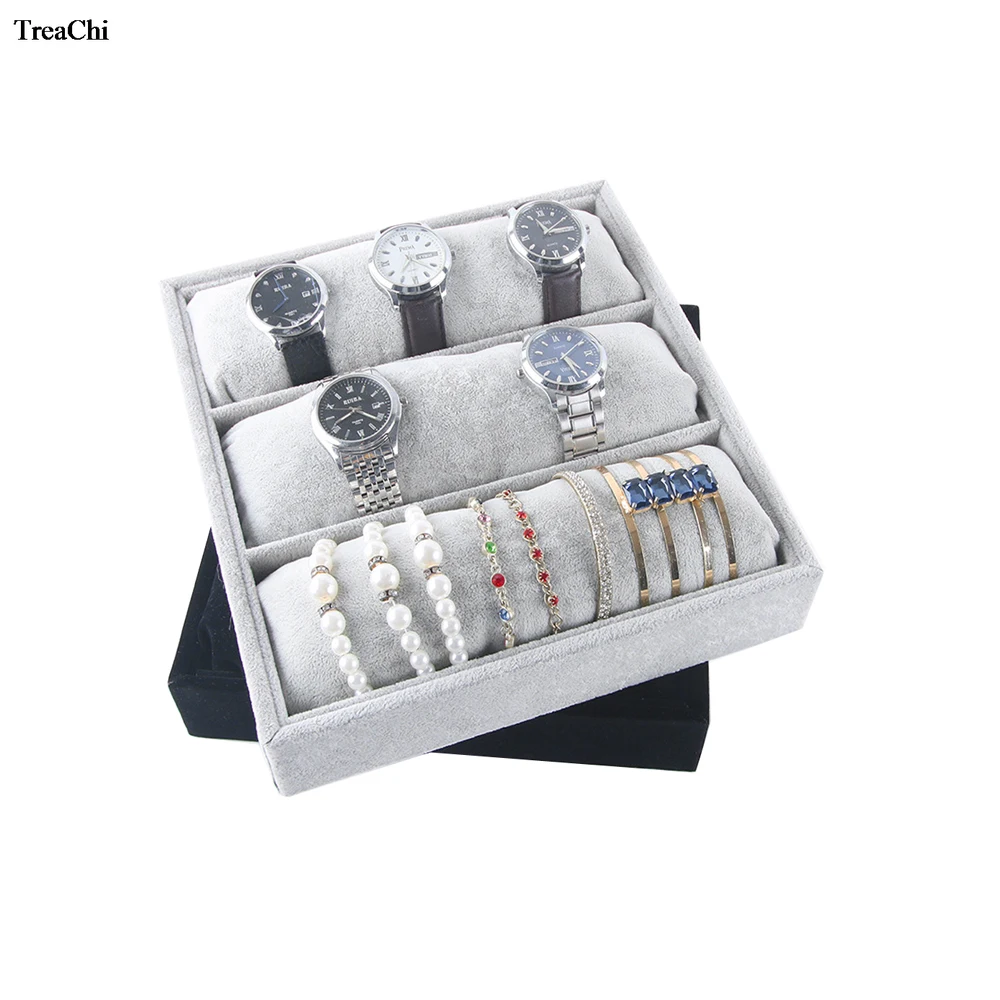 Velvet Watch Pilow Display Tray 3 Grids Bracelet Bangle Jewelry Organizer Case Necklace Wrestwatch Display Cushion Tray Case