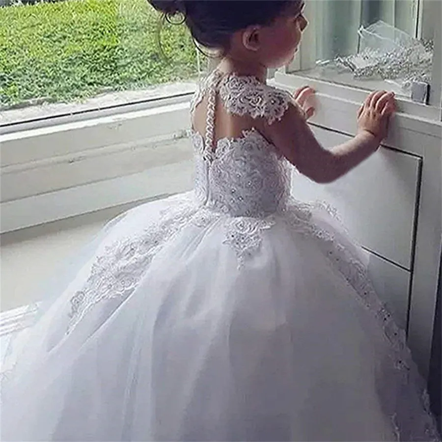 Vestido de manga larga para niña, vestidos de princesa con flores, apliques con cuentas, impresionante, bonito vestido de primera comunión blanco