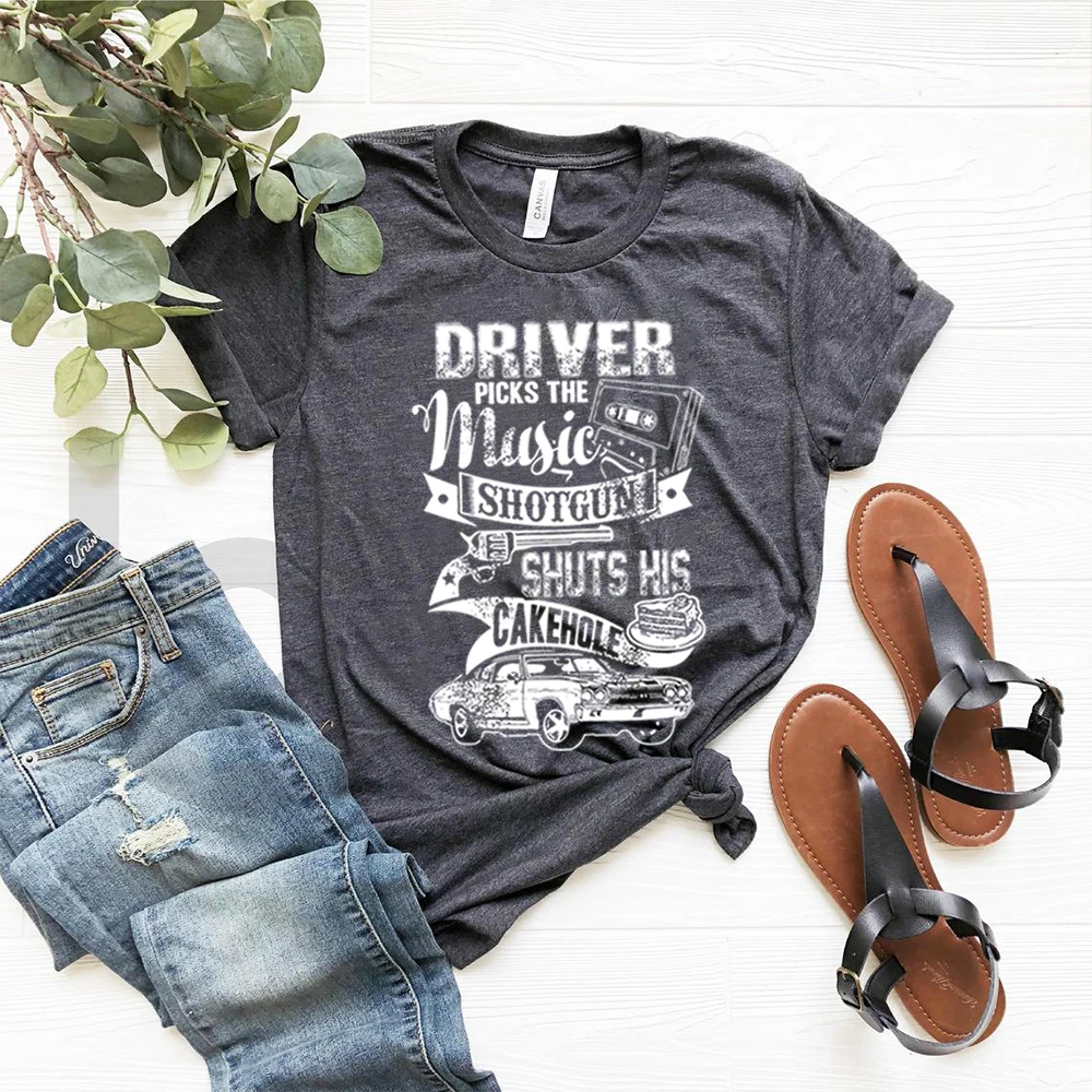 

Funny Supernatural T-shirt Supernatural Shirt Driver Picks The Music Shirt Shotgun Shuts His Cake Hole Tees Unisex Graphic Tee