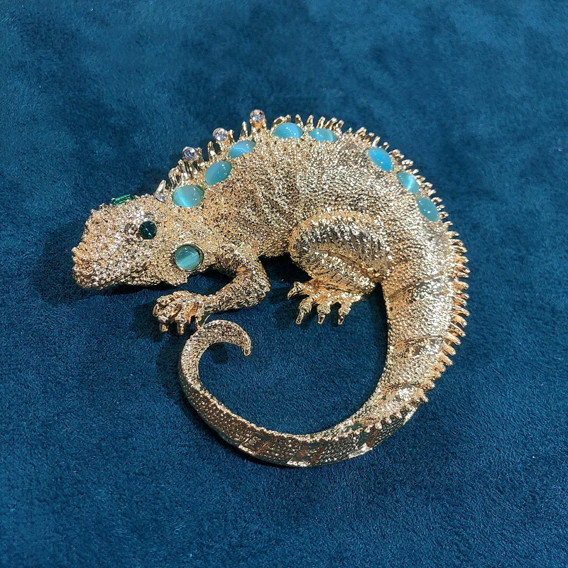 Morkopela Winter Fashion Animal Crystal Stone Gold Color Lizard Brooch Pin Backpack Badge Friends chameleon Brooches Gifts