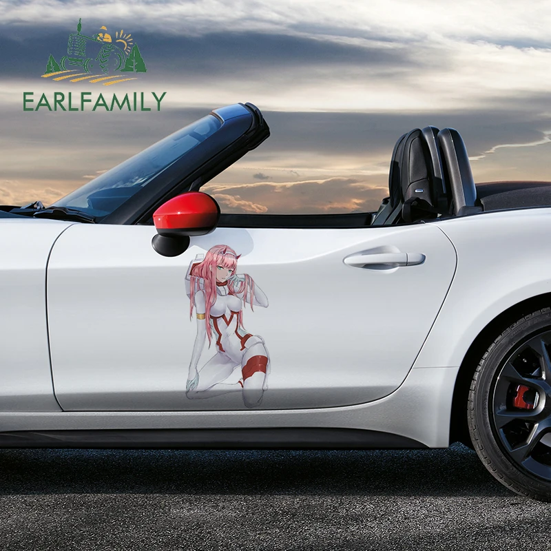 EARLFAMILY 43cm x 22.5cm For Zero Two Waterproof Car Stickers Anime Decal Funny Vinyl Car Wrap RV JDM Sunscreen Sticker