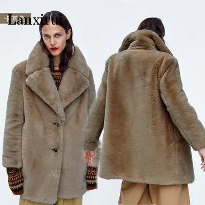 Mid-Length Fur Coat Female Winter Fashion New Imitation Rex Rabbit Fur Lapel Long-Sleeved Warmth Loose Fur Coat