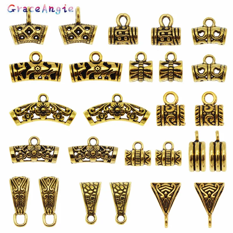 GraceAngie 20/26PCS Bail Beads Charms Antique Gold Color Tube Spacer Bead European Bracelet Pendant Jewelry Making Accessory