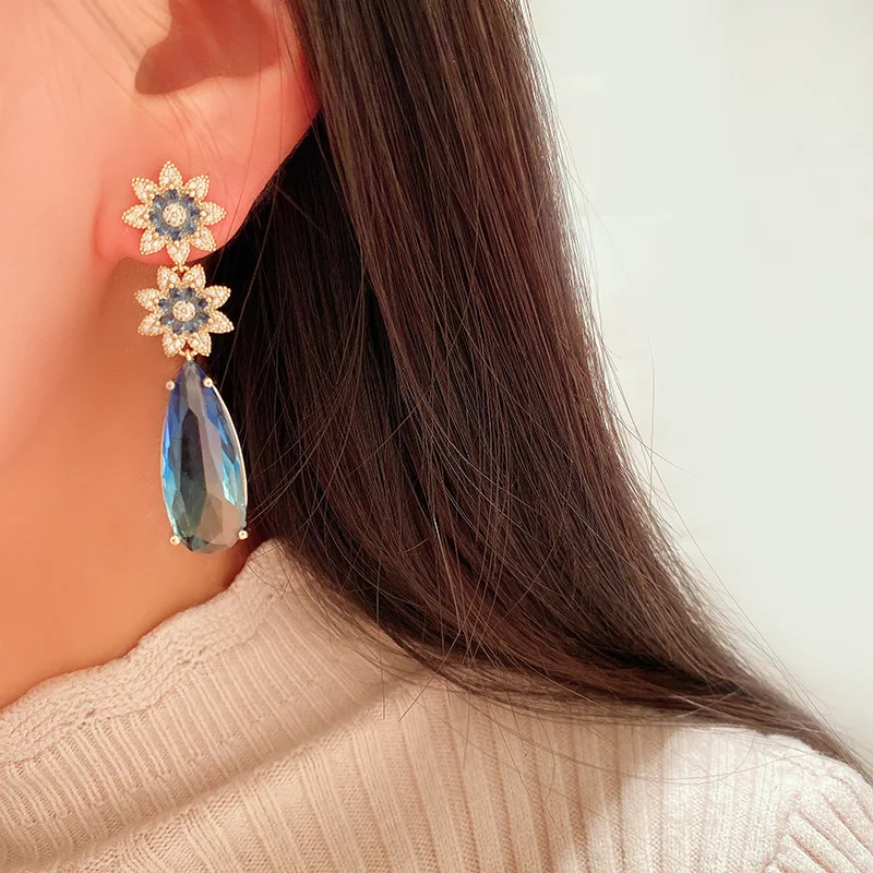 Bilincolor Fashion Flower Blue Cubic Zircon Long Big Drop Earring for Women Wedding Bridal Jewelry Gift