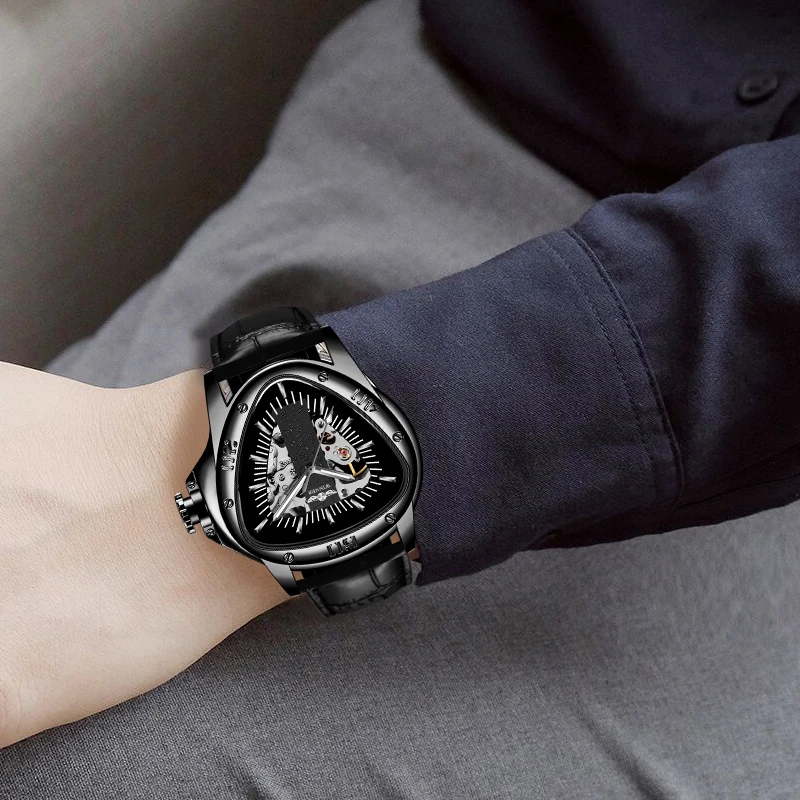 Winner Full Black Unique Triangle Dial Design Luminous Hand Sport Clock Male Mechanical Automatic Watches Top Brand Luxury Clock