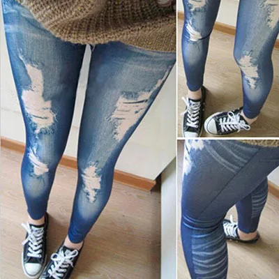 Neue Schwarz/Blau Leggings Frauen Fashions Zerstört Leggings Jeans Look Jeggings Stretch Dünne Laddy Jeans