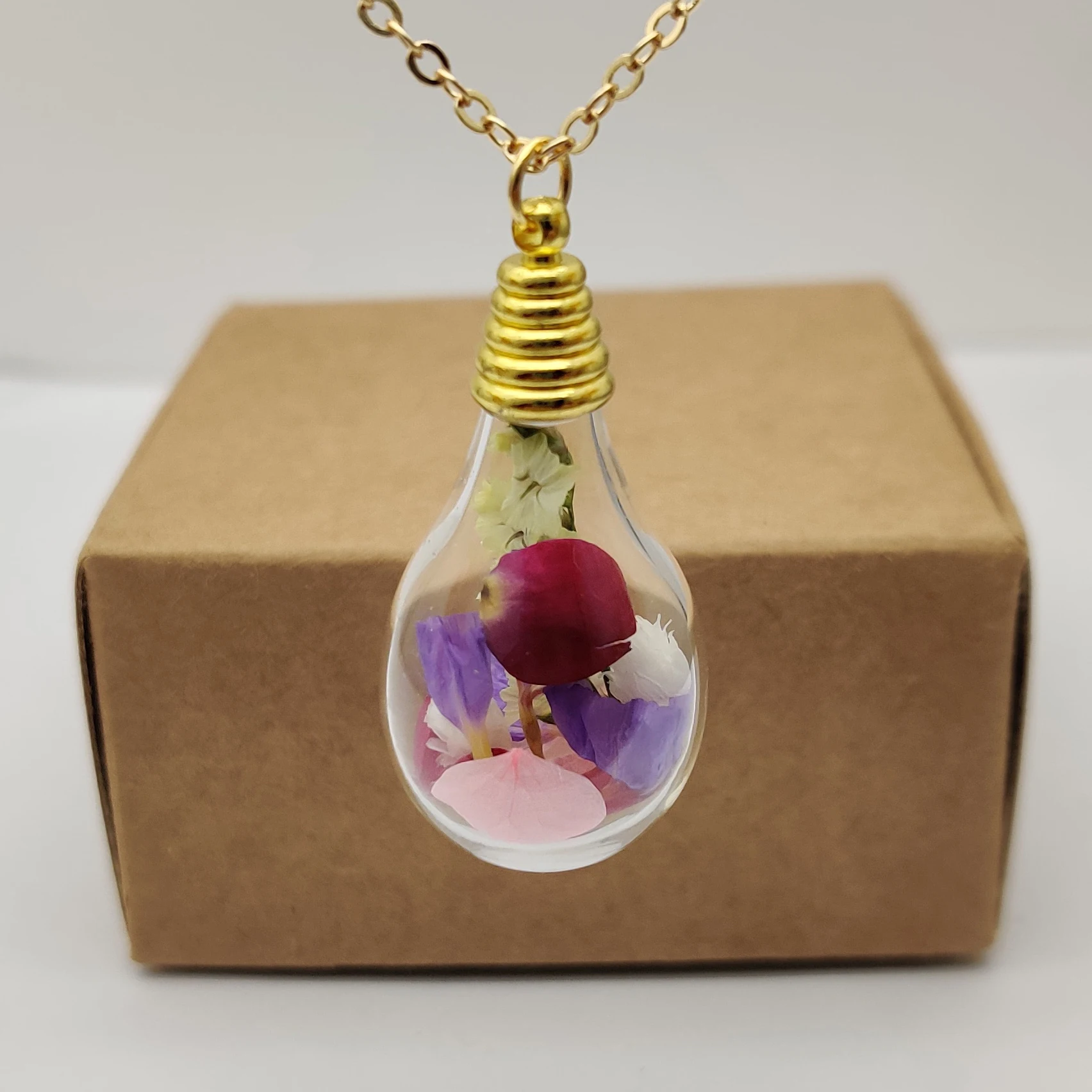Babysbreath Rose Forgetmenot Hydrangea Drop Glass Pendant Gold Color Chain Long Necklace Women Boho Fashion Jewelry Handmade