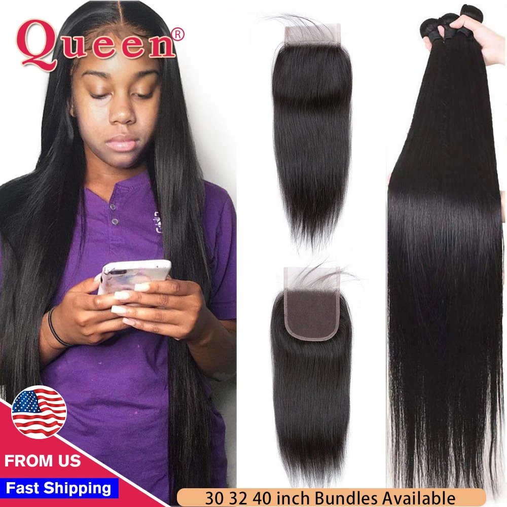 

Straight Human Hair Bundles With Closure Peruvian 3 Bundles Remy Hair Extension With Closure Double Weft Bundles With Closure