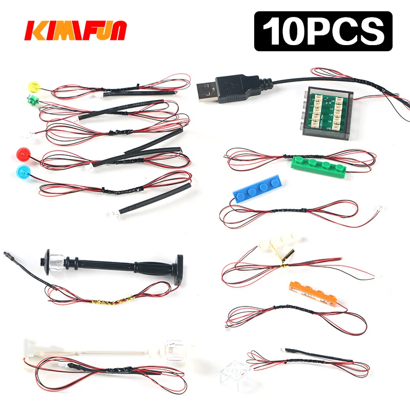 Lámpara LED de bloques de construcción DIY, 10 piezas, 2 pines, 1x1, 1x4, accesorios MOC, ladrillo, USB, calle de alta tecnología, Hub 10 en 1,