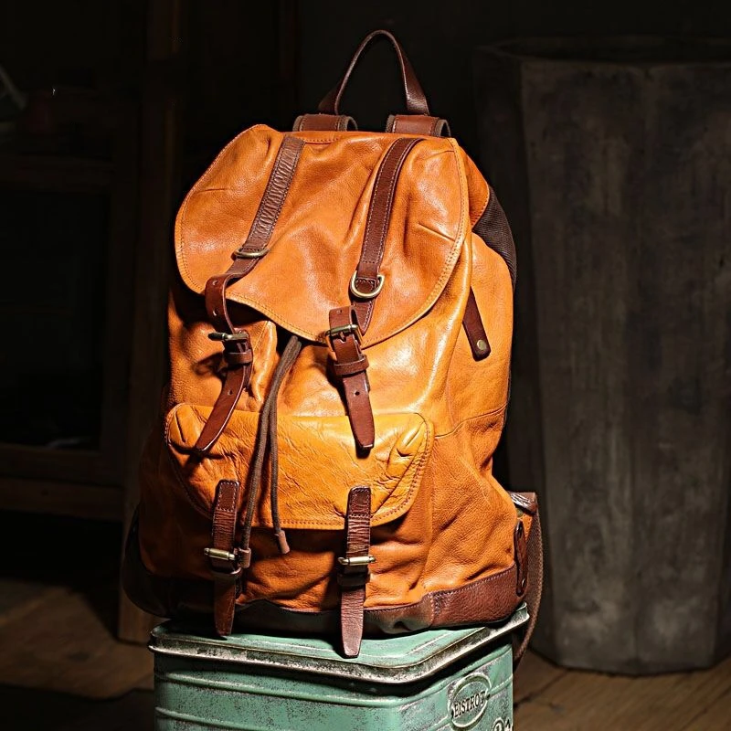 

Top Quality Vintage Folds Vegetable Tanned Cowhide Men's Backpack Unisex Big Capacity Casual Leather School Bag Male Travel Bag