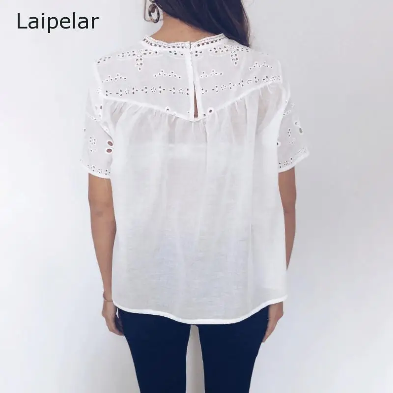 Blusa branca elegante com babados, camiseta feminina casual de escritório com manga curta para verão com babados