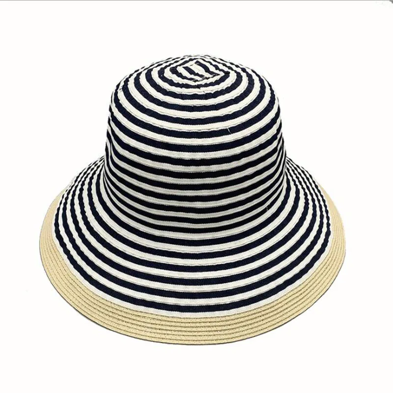 

Cross border casual folding basin hat with large eaves stripe sunscreen dome for vacation summer fabric straw bucket hats