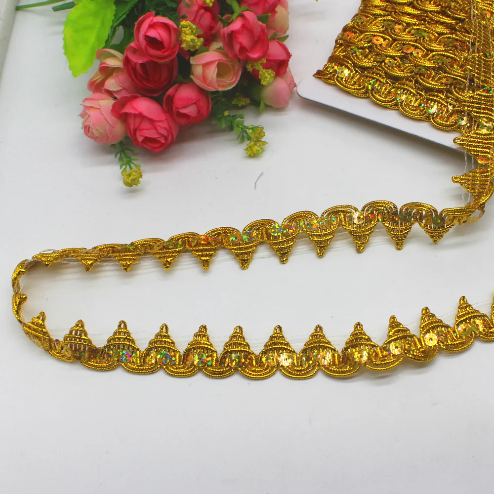 Gold Lace Appliques 9 Yds/Lot Sewing Apparel Trims Sequined Embroidery Ribbons Costumes Accessories 2.3CM