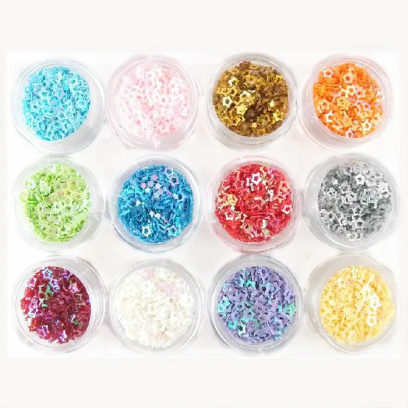 12 Colors Colorful Acrylic Glitter 4mm Hollow Five-pointed Star Nail Art Tips Design Tool Beauty Nail Art Decoration Tool