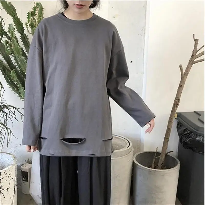 Ladies Long Sleeve T-Shirt Spring And Autumn New Hem Hole Design Leisure Fashion Loose Large Long Sleeve T-Shirt