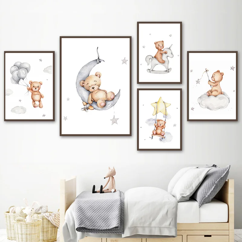 Nordic Bear Cloud Moon Star Wall Decor Art Painting on Canvas Room Decor Print Pictures Anime Posters for Infant Baby Bedroom