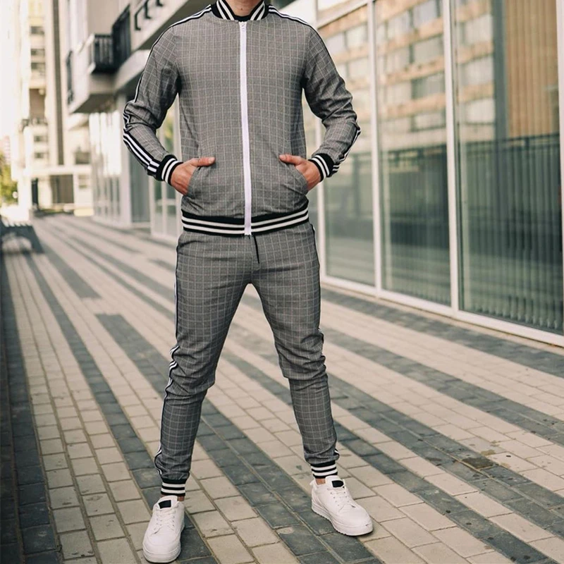 Men Spring And Autumn Large Casual Fashion Joker Checkered Sports Suit Stand Collar Zipper Cardigan Jacket Trousers Two Sets