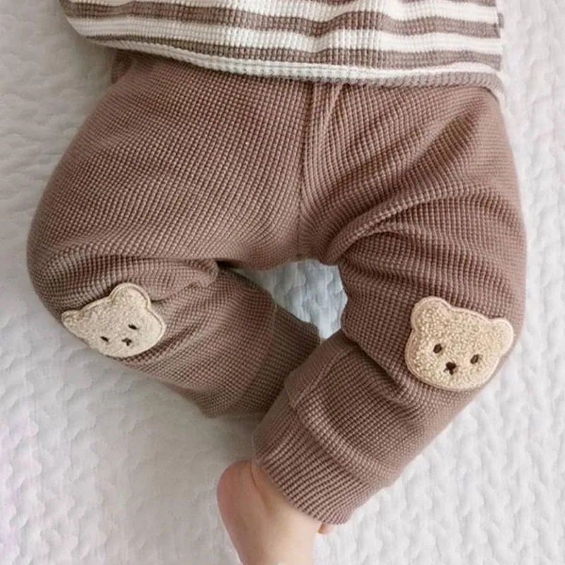 Autumn New Baby Girl Trousers Waffle Bear Embroidery Pants Newborn Baby Boys Clothes Cute Harem Pants