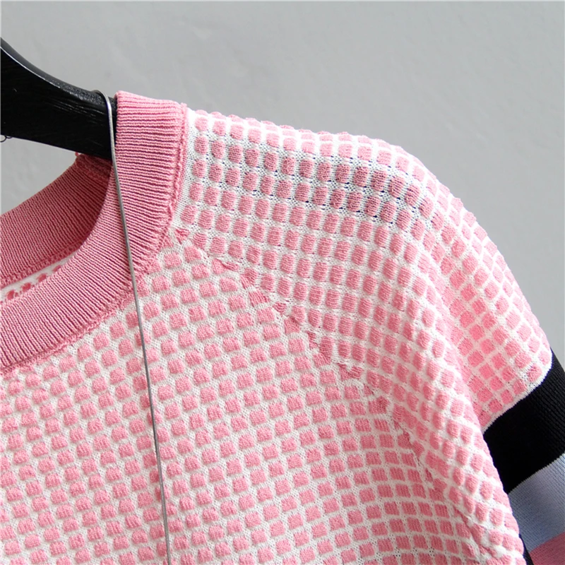 Knit Plaid Summer Short Sleeve Striped Pullover Women Sweater Knitted 2024 Sweaters Tops Korean Fashion Pull Femme Jumper Female