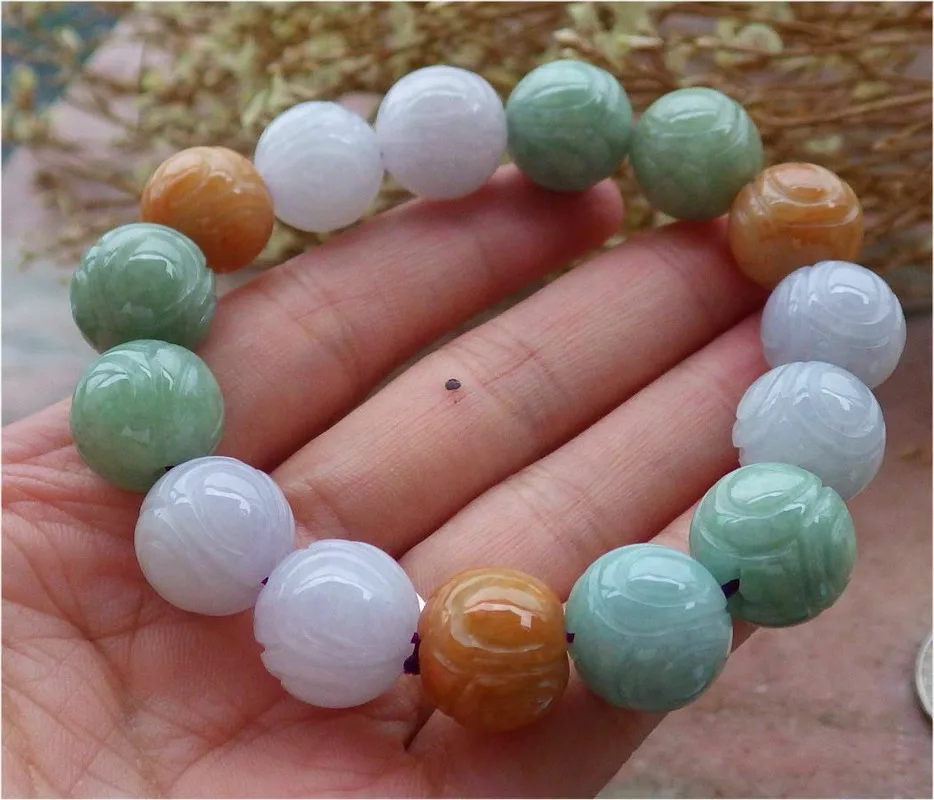 

Certified 3 Color Natural A JADE Jadeite Lotus Flower Bead Bangle Bracelet