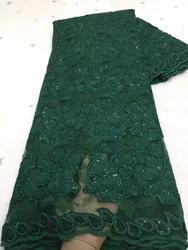 (5yards/pc) High quality embroidered French net lace emerald green African tulle lace fabric with sequins for party dress FZX074