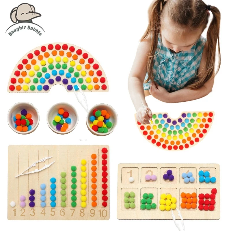 1Set Montessori Educational Toys for Children Color Sorting Rainbow Toy Clip Beads Game Puzzle Board Wooden Toys Christmas Gifts