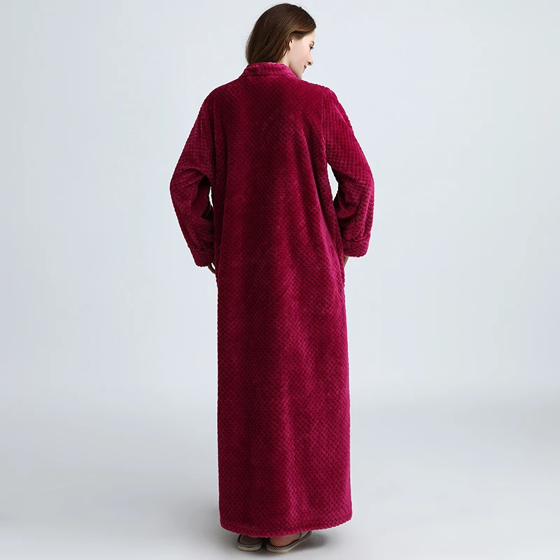 Women Men Zipper Extra Long Flannel Sleepshirts Plus Size Winter Thick Warm Coral Fleece Nightgowns Pregnant Cozy Bathrobe Dress