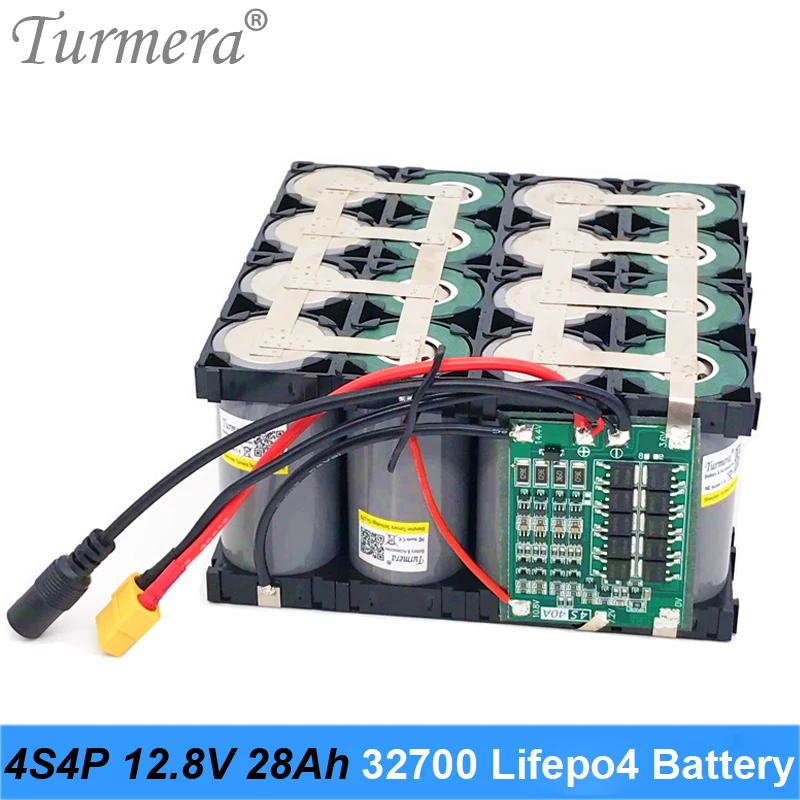 Turmera 32700 Lifepo4 Battery Pack 4S4P 12.8V 28Ah with 4S 40A Balanced BMS for Electric Boat and Uninterrupted Power Supply 12V