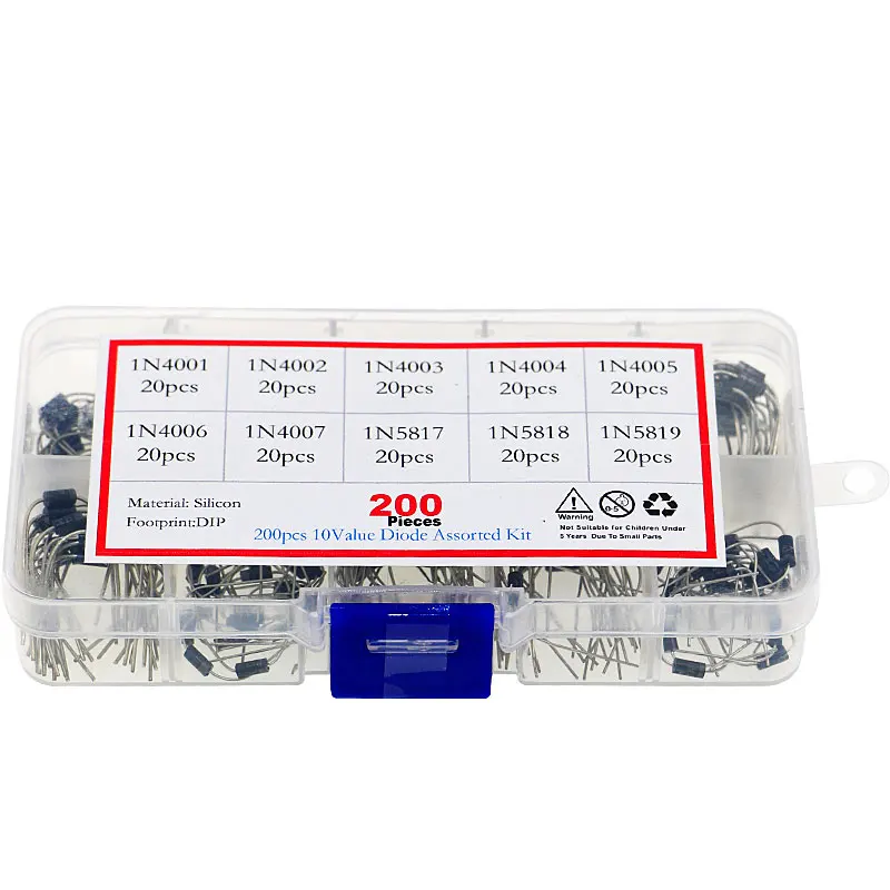 200pcs 10Values x20 Rectifier Diode Schottky Assortment Electronic Kit 1N4001~1N4007 1N5817 1N5818 1N5819 With Storage Box