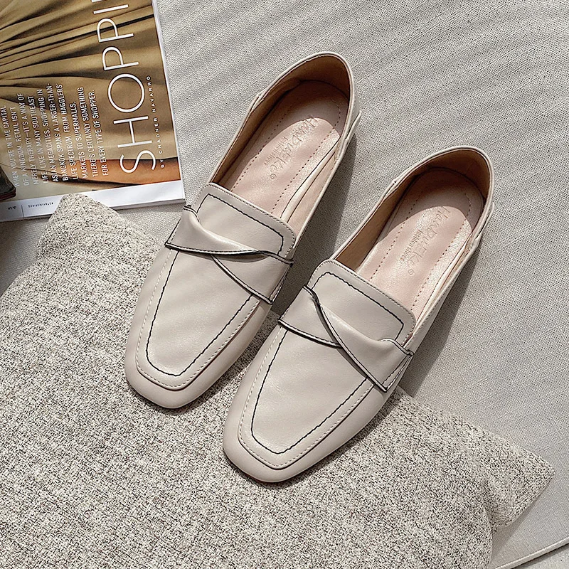 2021 autumn new square head shallow mouth wild net red flat bottom four seasons loafers two wear fairy style single shoes