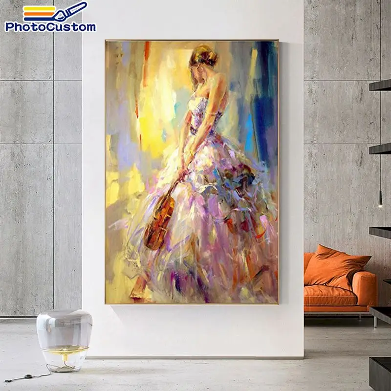 

PhotoCustom DIY Oil Painting By Numbers Girl Piano Canvas Picture Hand Painted Pictures Figure Modern Home Decor Gift