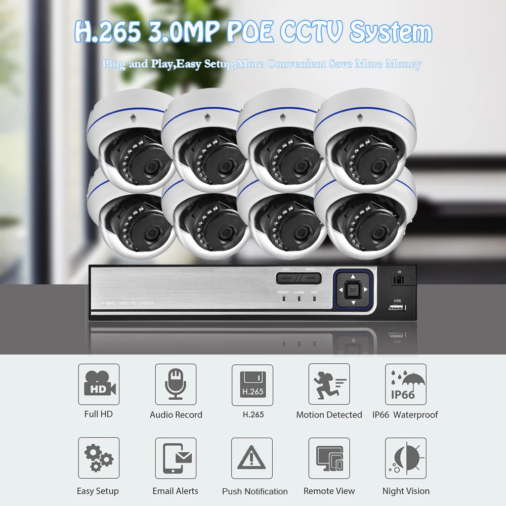 Gadinan 8CH 3MP POE Kit H.265+ System CCTV Security NVR Outdoor Waterproof Audio IP Camera Surveillance Alarm Video Record Kit