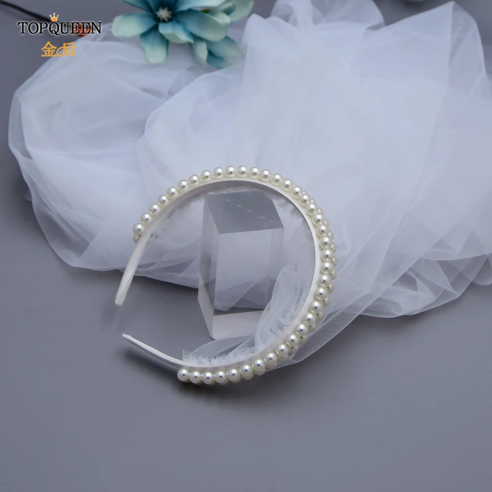 TOPQUEEN V58 Headband With Grid Veil Bridal Veil Wedding Accessory Long Veil Wedding Bride With Pearls Waltz Veil For Bacheloret