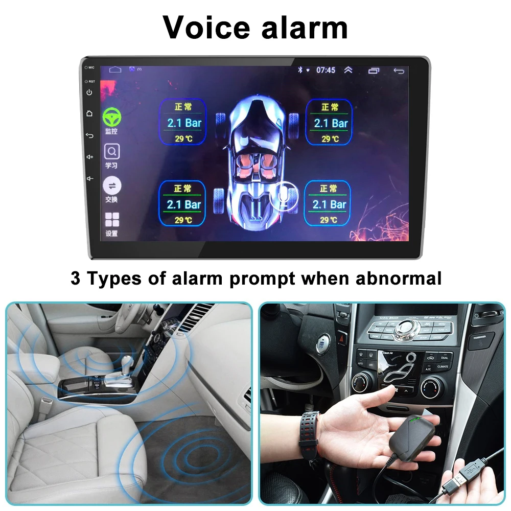 Android TPMS for Car Radio DVD Player Alarm Auto Tire Pressure Monitoring Spare Tyre 4 External Sensor USB With APK Installation