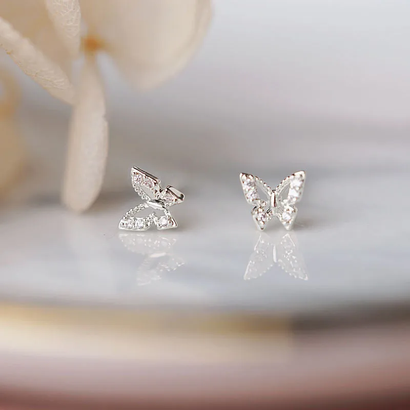 925 Sterling Silver Korean Exquisite Quality Inlaid Crystal Butterfly Stud Earrings Women Classic Daily Jewelry