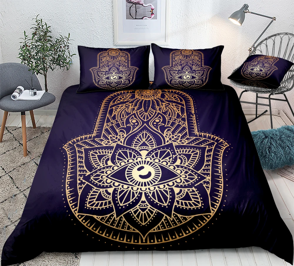 BohemianBedding Set Hamsa Hand Duvet Cover Set Colourful Fatima of Hand Bed Linen Boho Floral Home Textile Lucky Hand