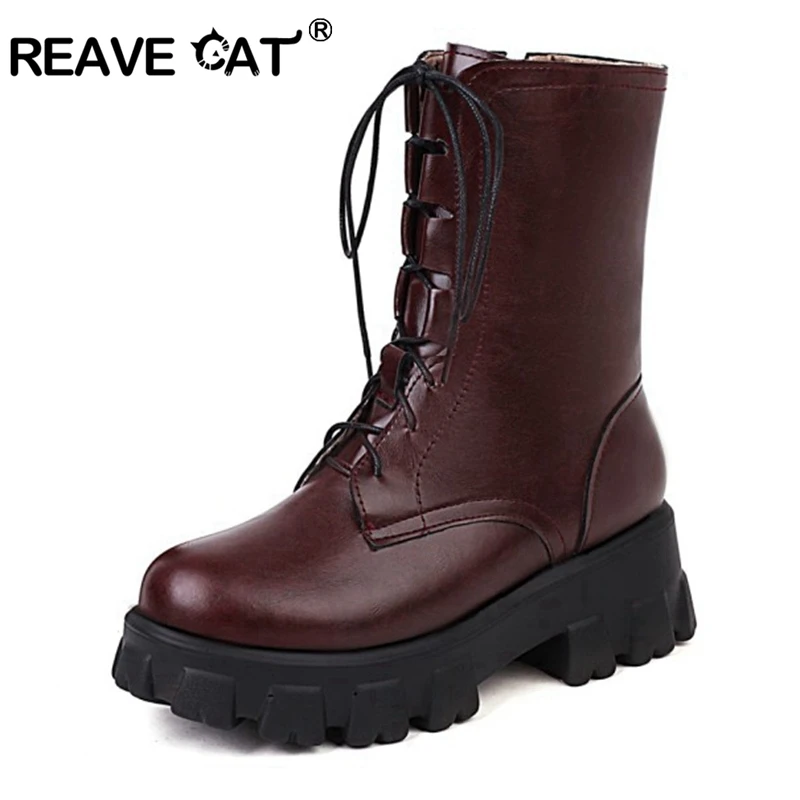 

Женские сапоги до середины икры Reave Cat, зимние теплые сапоги на толстой платформе с круглым носком и пряжкой, красные сапоги на шнуровке, S2455