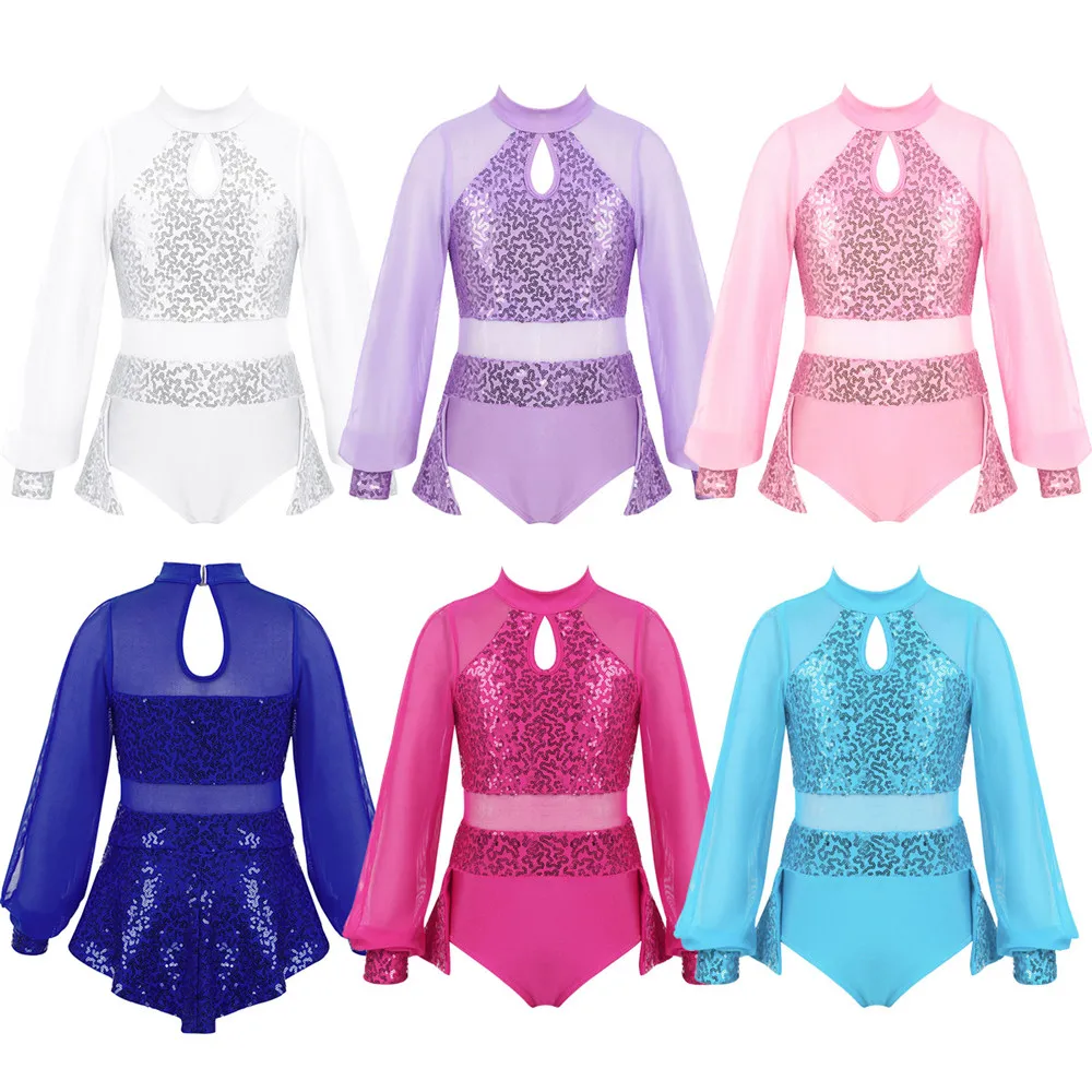 TiaoBug Kids Split Long Sleeves Shiny Sequins Tulle Splice Gymnastics Leotard Girls Ballet Dress Stage Performance Dance Costume