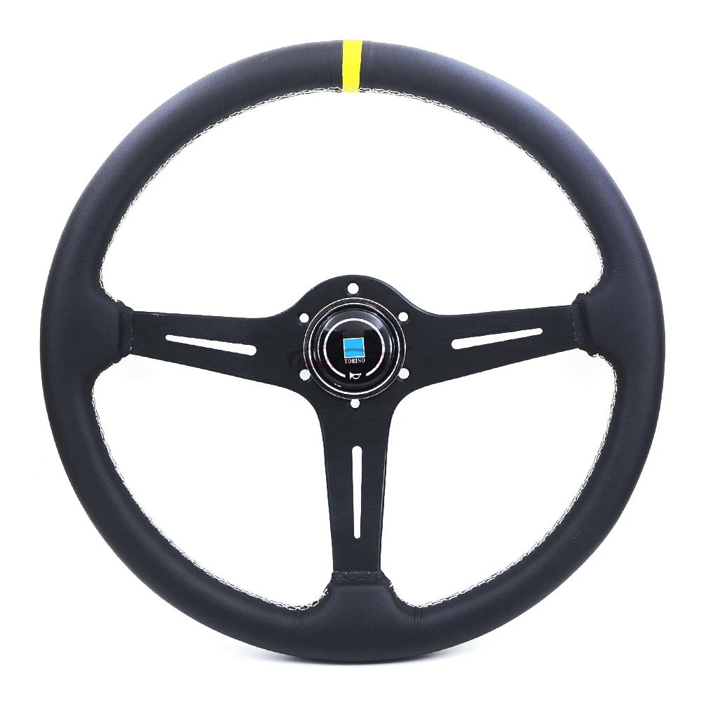 

370mm 15'' Universal Flat Leather Black/Titanium Color Spoke ND Race Drift Car Racing Steering Wheel